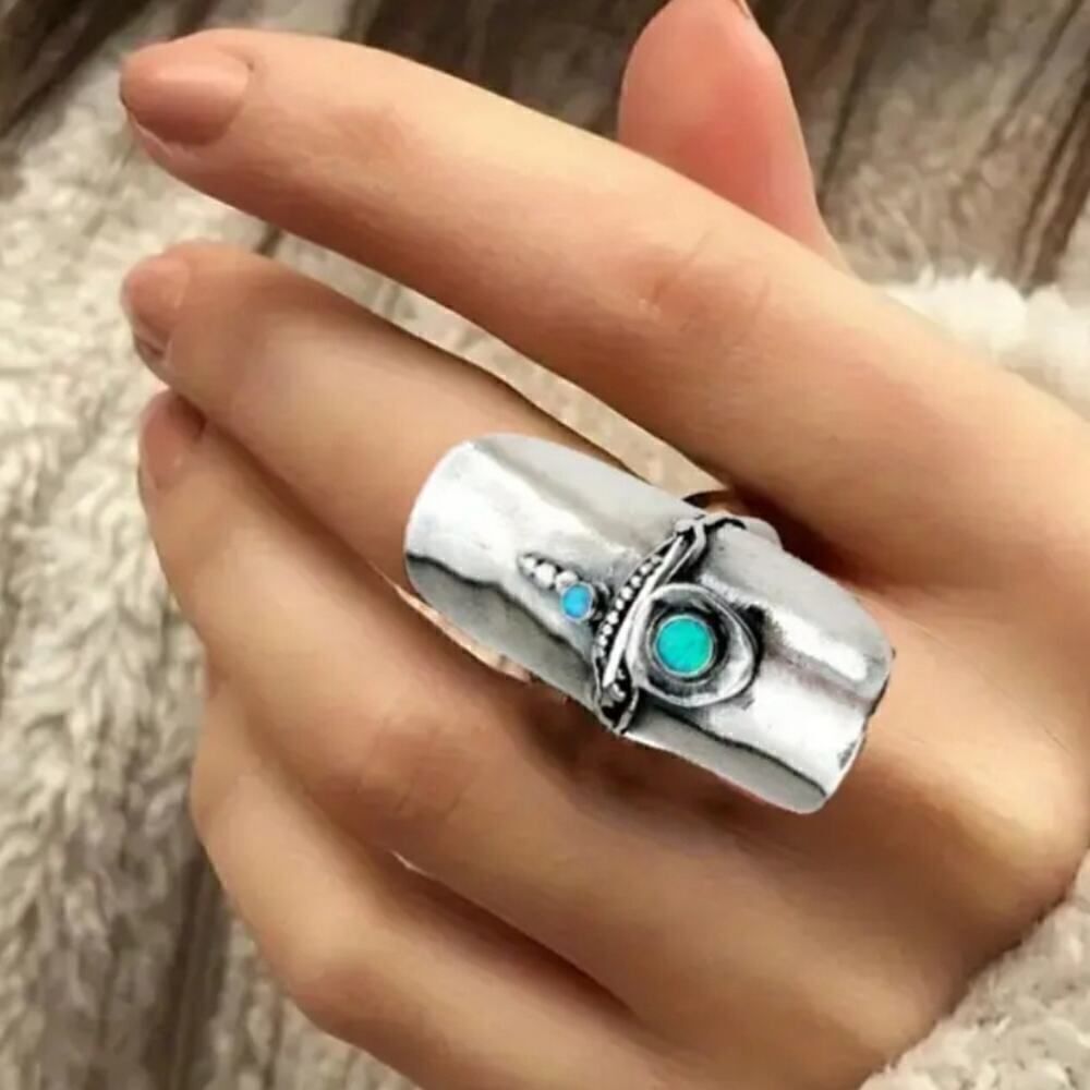 Silver Statement Ring for Women Retro Boho Design with Gemstone Adjustable
